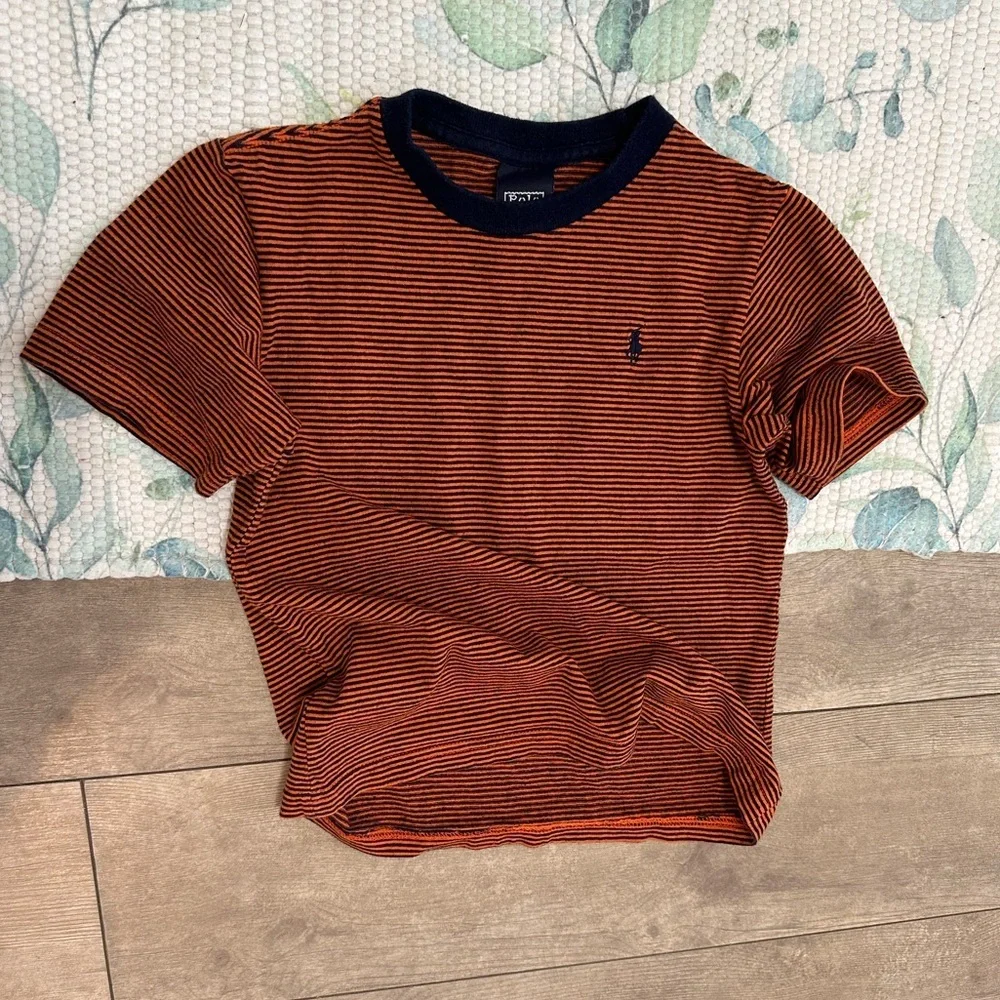 Rare Vintage Polo Ralph Lauren Little Boys Orange and Navy Striped Tee Size 5